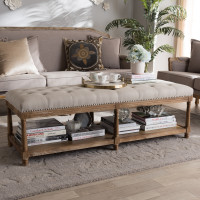 Baxton Studio TSF-9336-Beige-Bench Celeste French Country Weathered Oak Beige Linen Upholstered Ottoman Bench